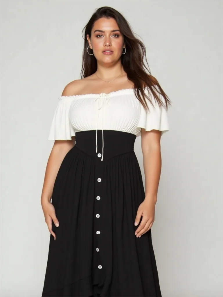 

ROSEGAL Plus Size Cinched Ruffles Off the Shoulder Dresses, 2026 Women Spring,Summer Casual Tie, Buttons Patchwork Dress