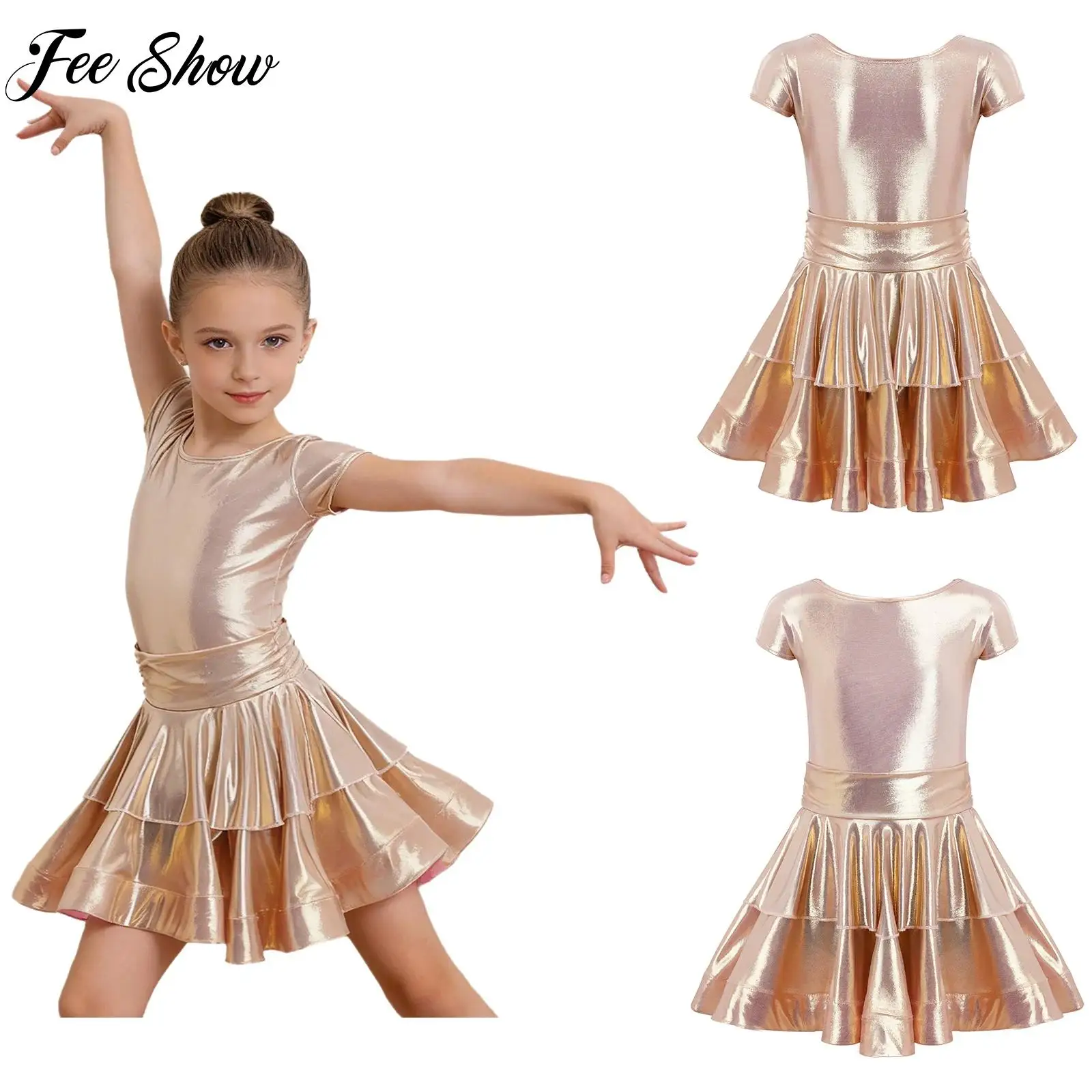 Kids Girls Metallic Latin Samba Dance Performance Costume Disco Dancewear Sleeveless Tiered Ruffled Dress with Built-in Briefs