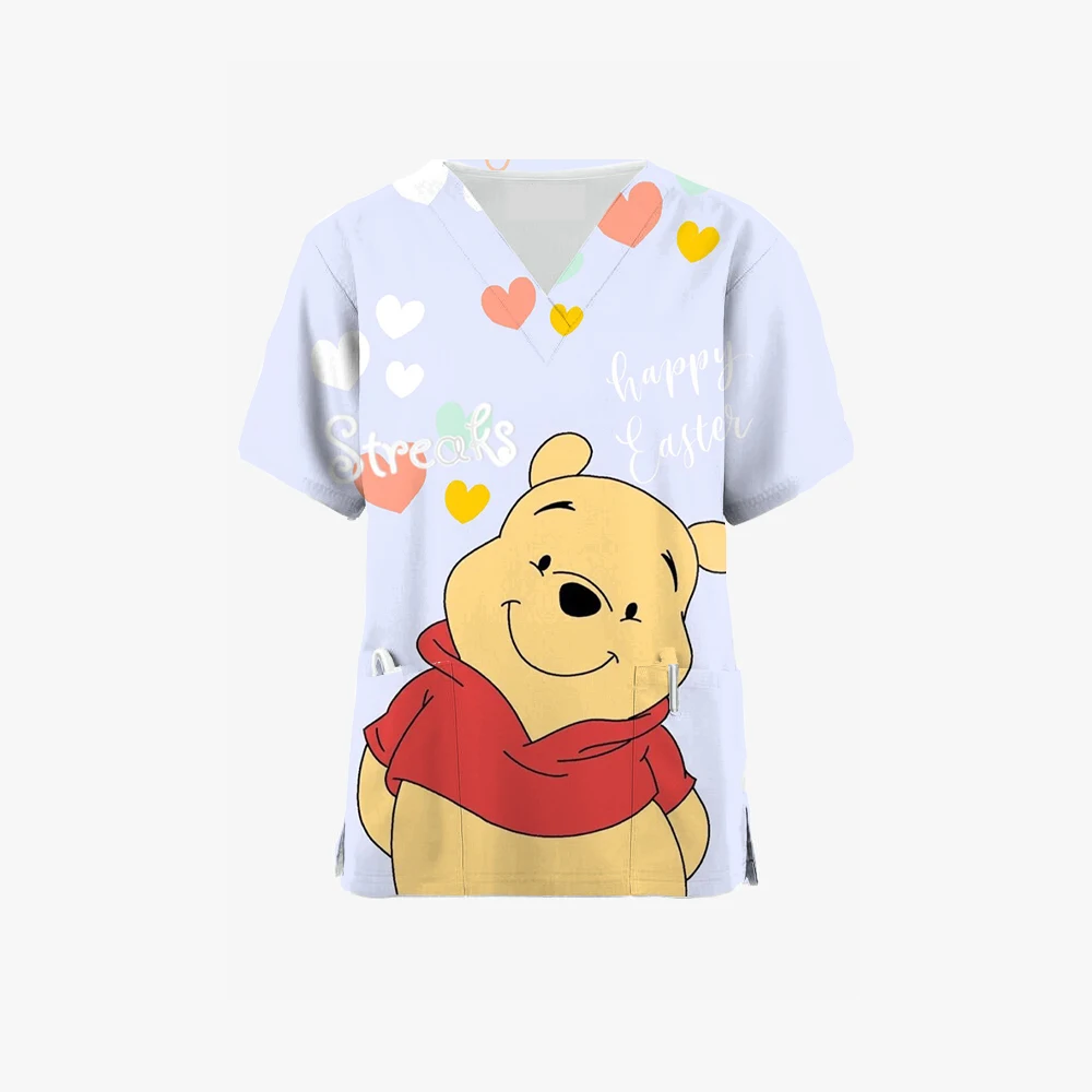 

New Scrub Medical Women's V-neck Wear Disney Winnie the Pooh Cartoon Veterinary Spa Nursing Short Top Women's Medical Uniform