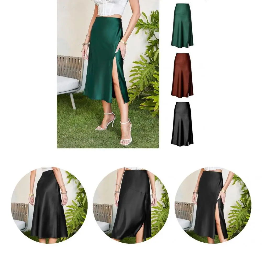 

Ladies Skirt Summer Midi Skirt Silky Satin A-line Midi Skirt High Waist Straight Loose Fit Split Hem for Prom Parties Commuting