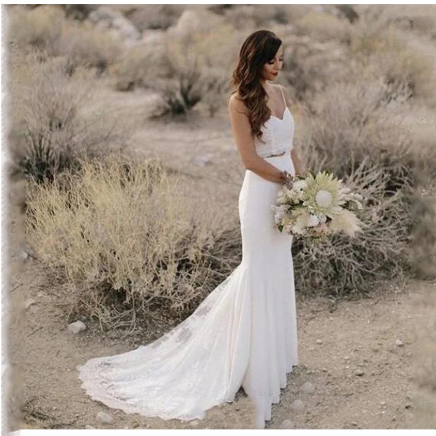 

MYYBLE Boho Wedding Dress 2 Pieces Vintage Princess Cheap Wedding Gown Chiffon Skirt Lace Beach Bride Dress 2020
