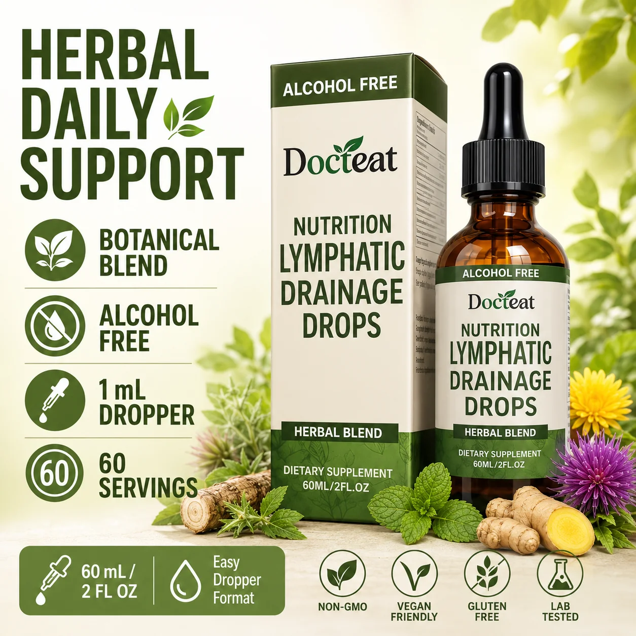 

Lymphatic Support Drops Alcohol Free Herbal Blend 60ml, Milk Thistle Dandelion Burdock Astragalus, B12 Zinc Liquid Supplement