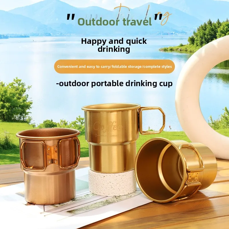 1PCS Stainless Steel Step Cup with Handle, Outdoor Camping Coffee Mug for Hiking Rolled Rim Design Single-Layer Drinking Cup