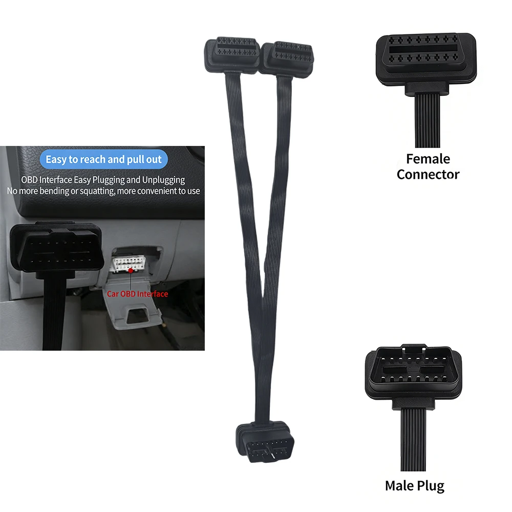 

Кабель-удлинитель OBDII 30 см, двойной разветвитель Y, OBD2 16-контактный, штекер-гнездо, плоский и тонкий, как лапша, для ELM327