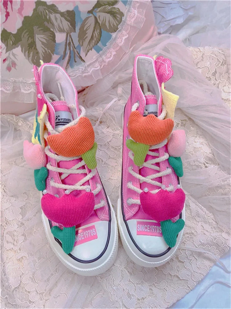 Women Shoes Custom Design For Lady Party Canvas Handmade Flower Cute Pink Pearls Sneakers Adult Shoes