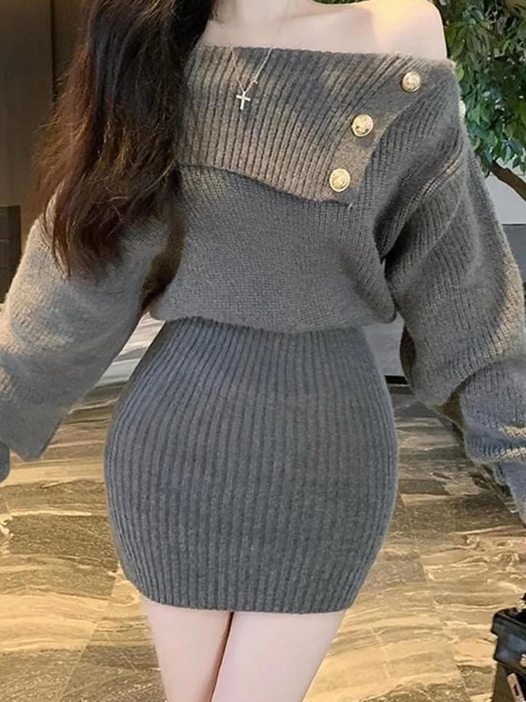 

Платье-свитер Pure Desire Spicy Girl с одним открытым плечом, вязаное, женское, сексуальное, милое, короткое, облегающее, осенне-зимняя мода