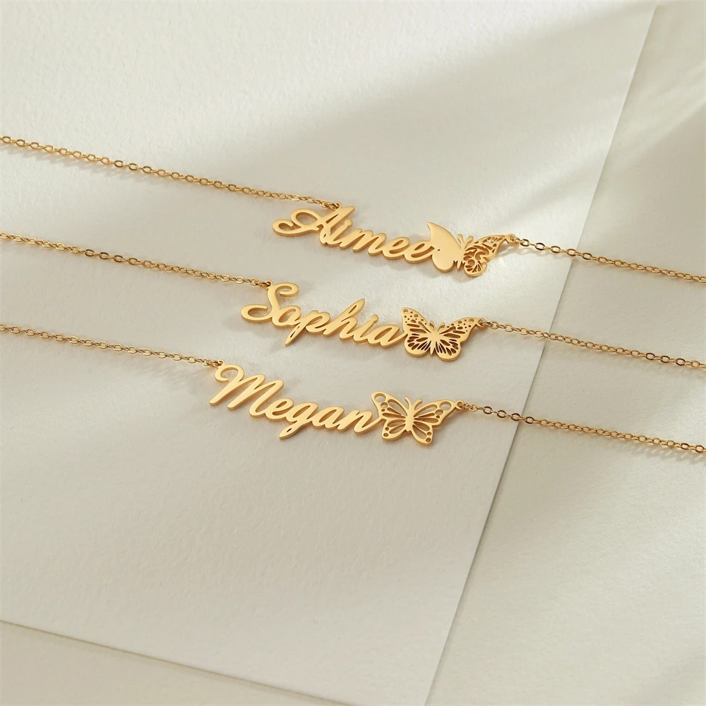 Gold Color Personalized Name Necklace 12 Month Birth Butterfly Choker Necklaces for Women Birthday Gifts Custom Jewelry Collar