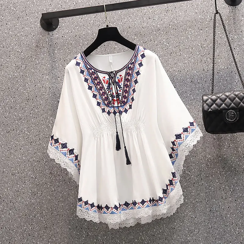 Lace-Up Tassel Neck Embroidery Folk Lace Frill Chiffon Shirt Women Fall Summer Loose Blouse Boho Casual Fashion y2k Blusa Ladies