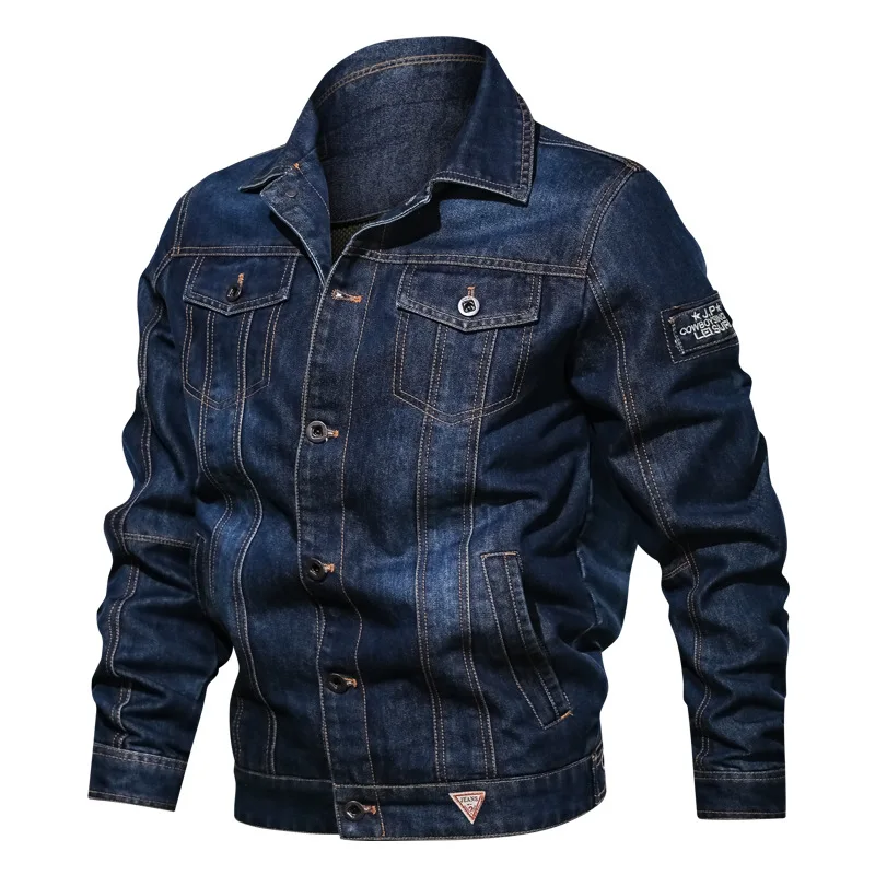 

Man Denim Coat Autumn Letter Embroidery Turn Down Collar Long Sleeve Male Jacket Single-breasted Pocket Men Outerwear