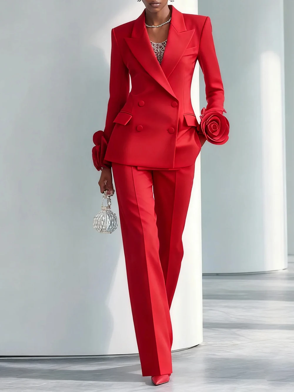 2-teilige rote Blumen-Hosenanzüge für Damen mit langen Ärmeln, maßgeschneidert, formelle Damenbekleidung, Gastparty-Blazer-Sets – Detail 2