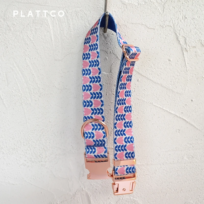 PLATTCO unique design dog set print Blue Tulip pattern with high-quality rose gold buckle 5 size PDC353RG&PDL353RG