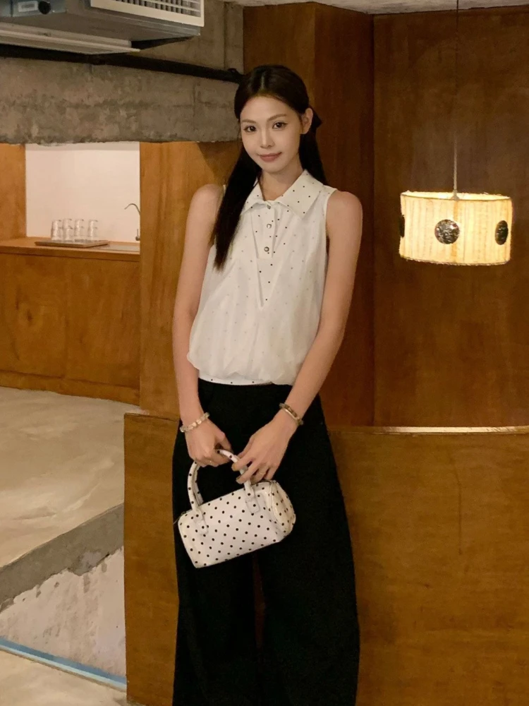 Women's 2026 Summer White Polka Dot Polo Collar Faux Two Piece Sleeveless Top Tank Design Sweet Hot Girl Korean Streetwear Chic
