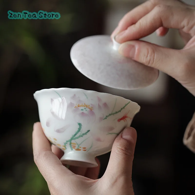 Hand-painted Chrysanthemum Two Sunflower Mouth Cover Bowl Teacup Single Household Anti-ironing High-end Ceramic Tea Bowl