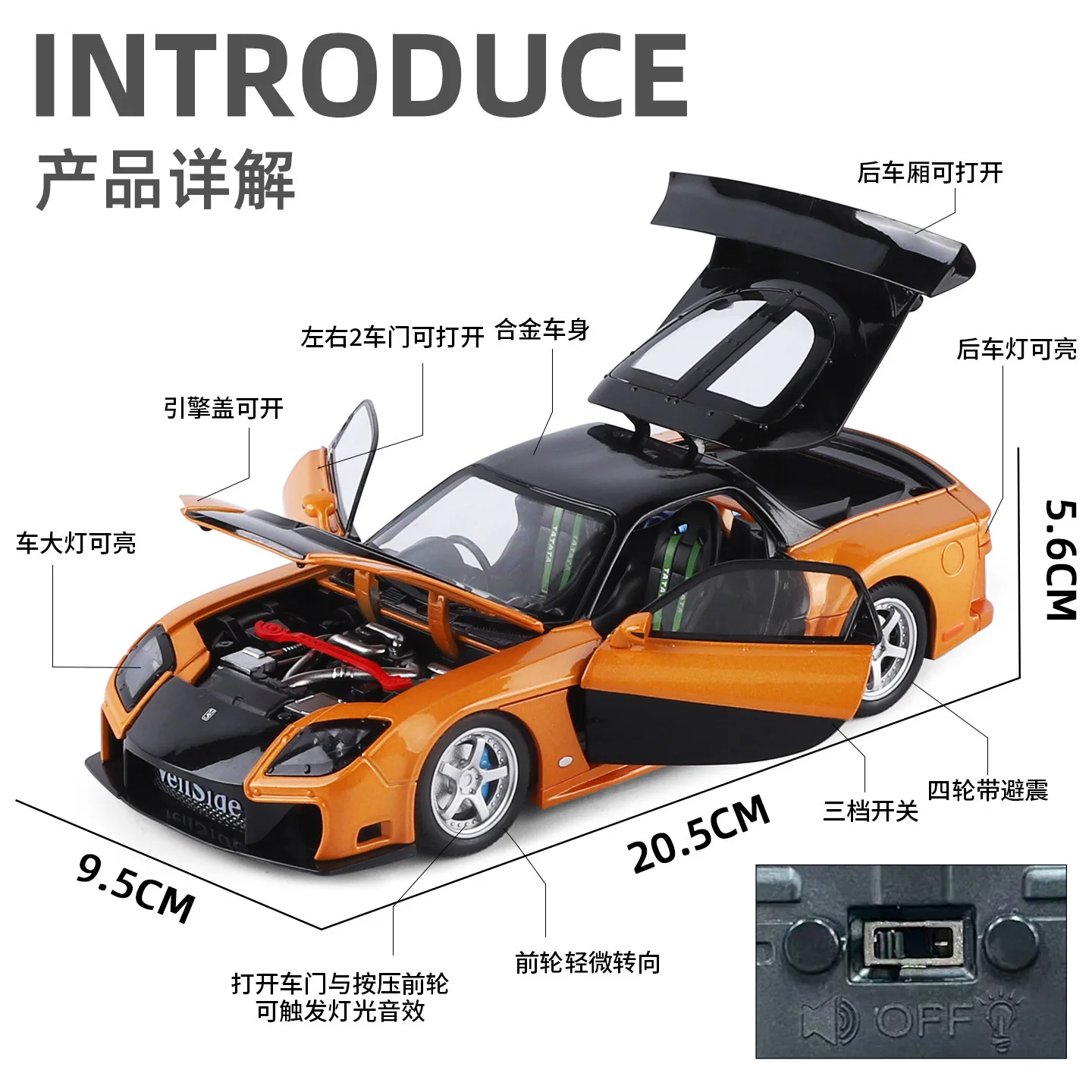 1:24 RX7 RX-7 FD3S JDM Sports Car Model Diecast Metal Toy Vehicles Car Model Sound Light Collection Toy Gift