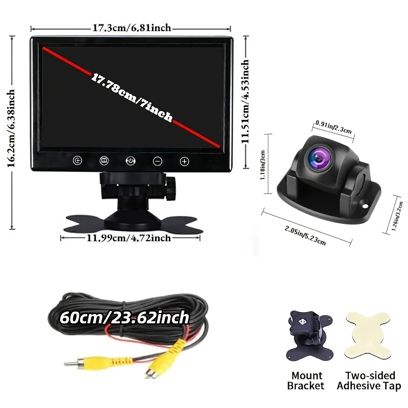 HD 7-Inch Desktop Touch Button Monitor with Adjustable View & Backup Camera Kit | Rear View Display for Vehicles, Surface Mount
