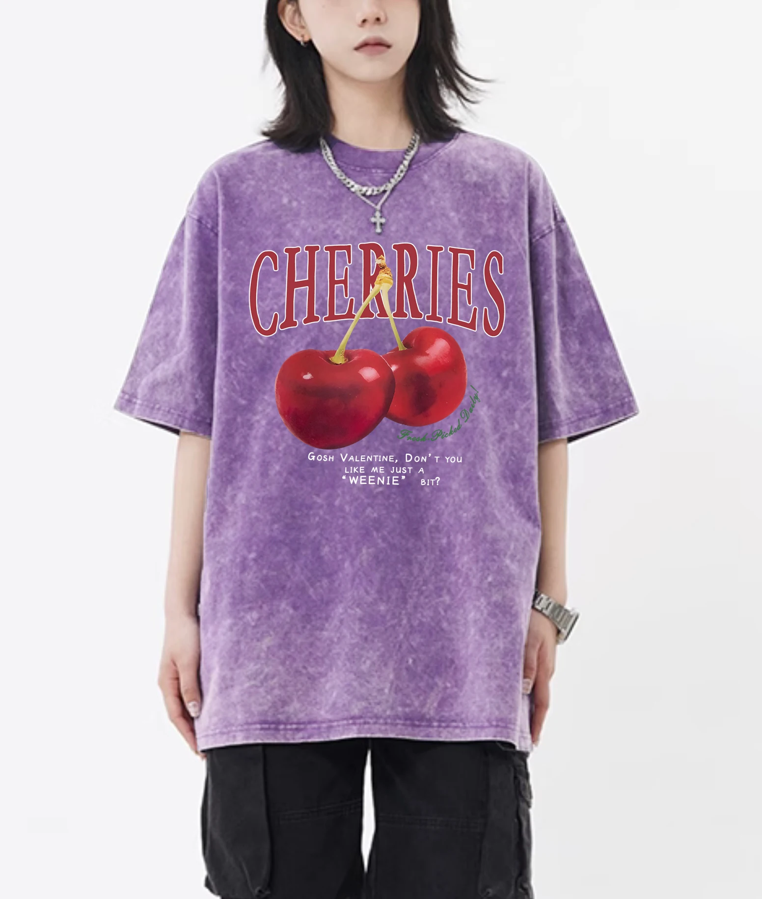 Cherry And Letter Pattern Snow Wash Womens Tee Shirt Sweat Breathable T Shirts All-Match Cotton Top Trendy  Casual Short Sleeve