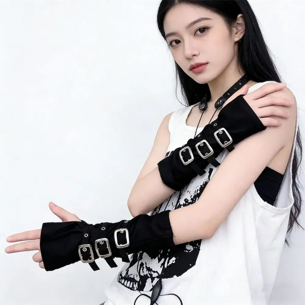 Black Fingerless Gloves Gothic Exaggerated Metal Button Gloves Hip Hop Party Buckle Design Street Dance Gloves For Women Men