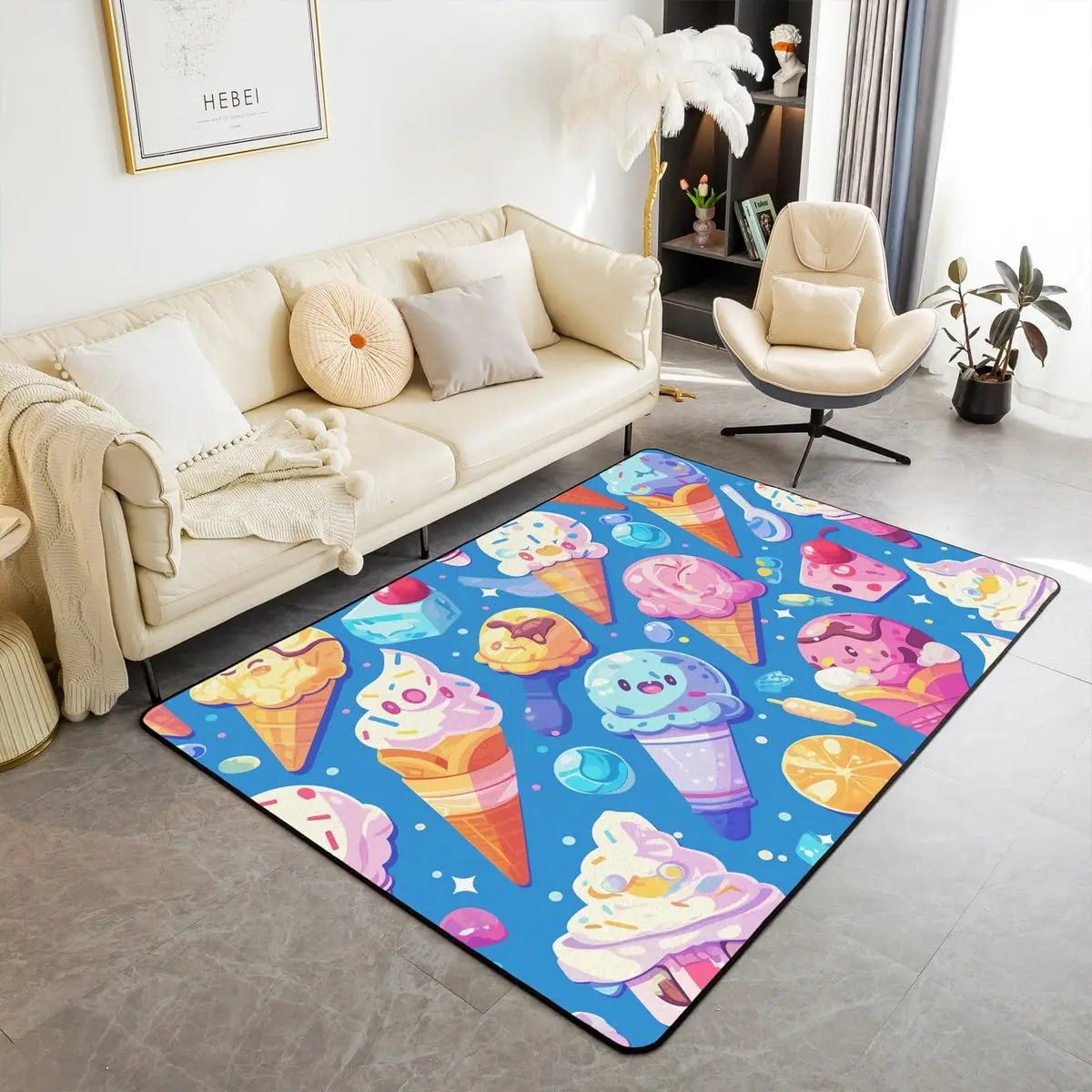 Cartoon Strawberry Ice Cream Area Rug Sweet Fruit Dessert Carpet Summer Cool Theme Indoor Floor Mat for Kids Girls Bedroom Decor
