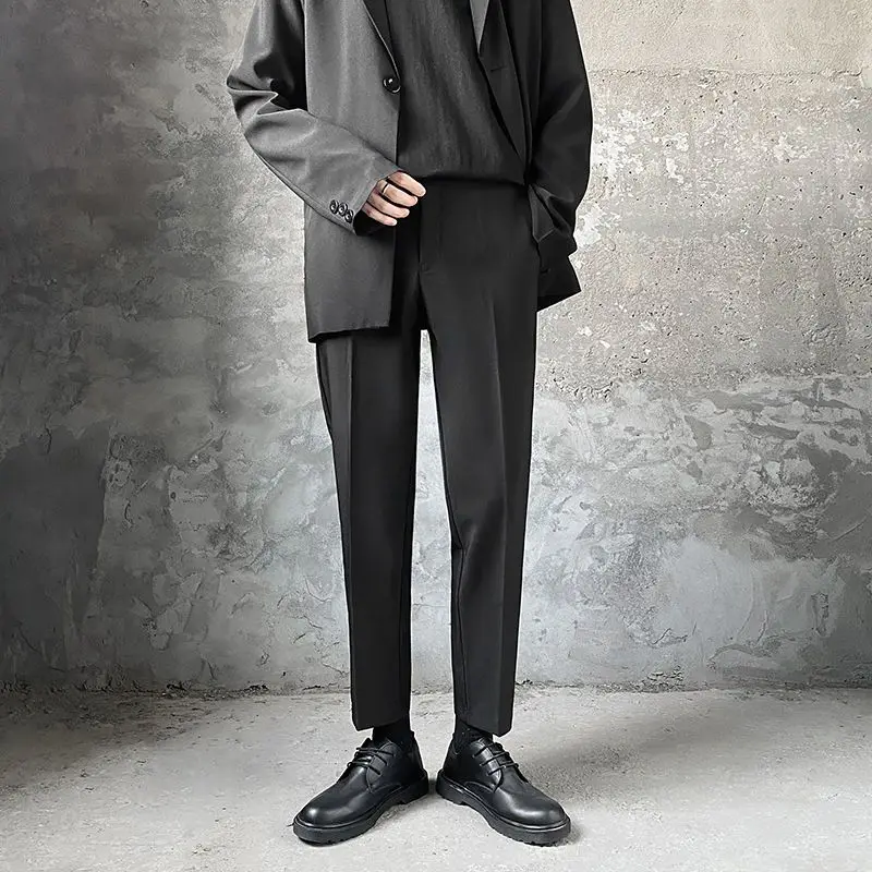 Spring Summer Men Ankle Length Dress Pants Wrinkle Free Drape Slim Fit Straight Leg Casual Cropped Trousers