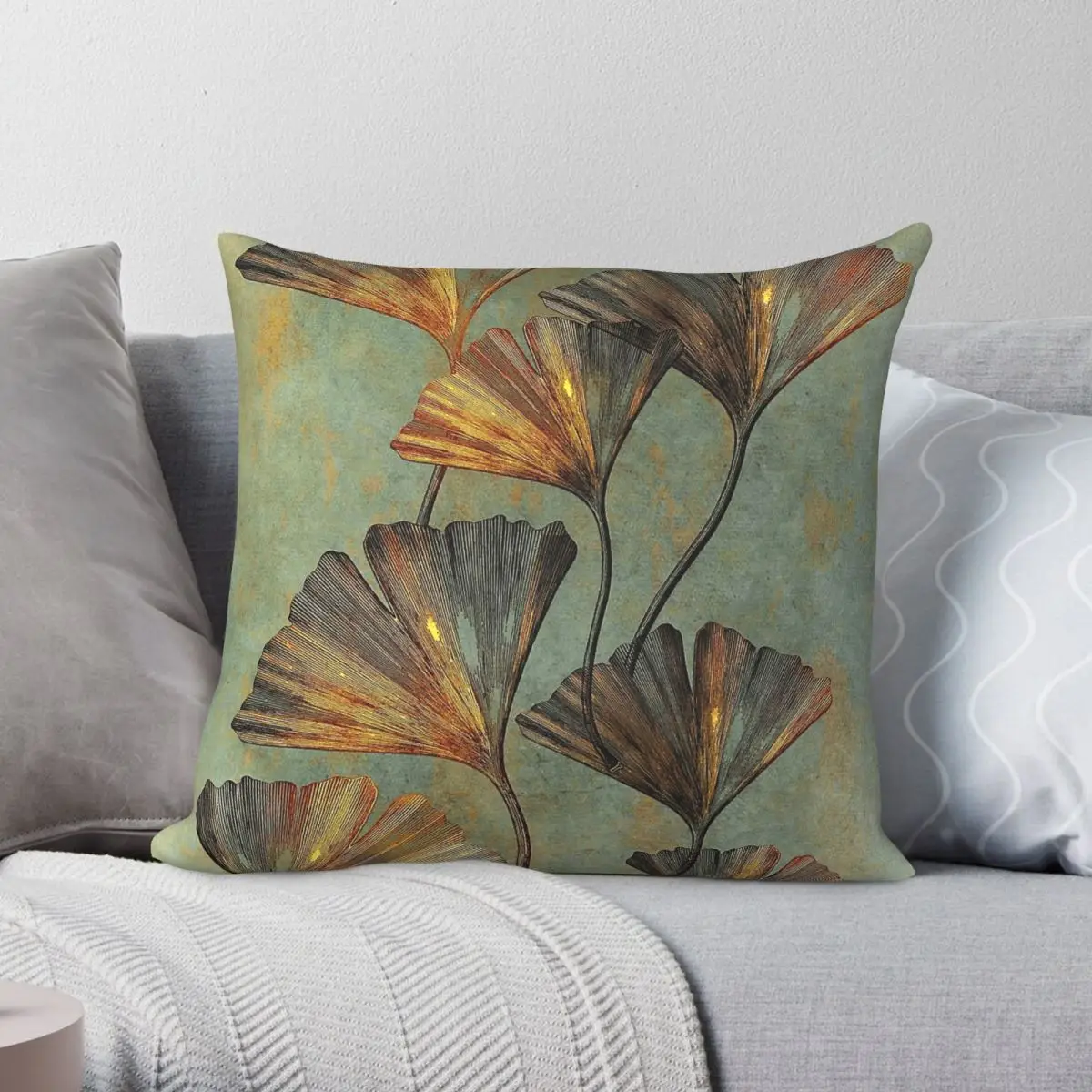 Ginko Floral Biloba Square Pillowcase Polyester Linen Velvet Printed Zip Decorative Sofa Cushion Cover Wholesale 45x45