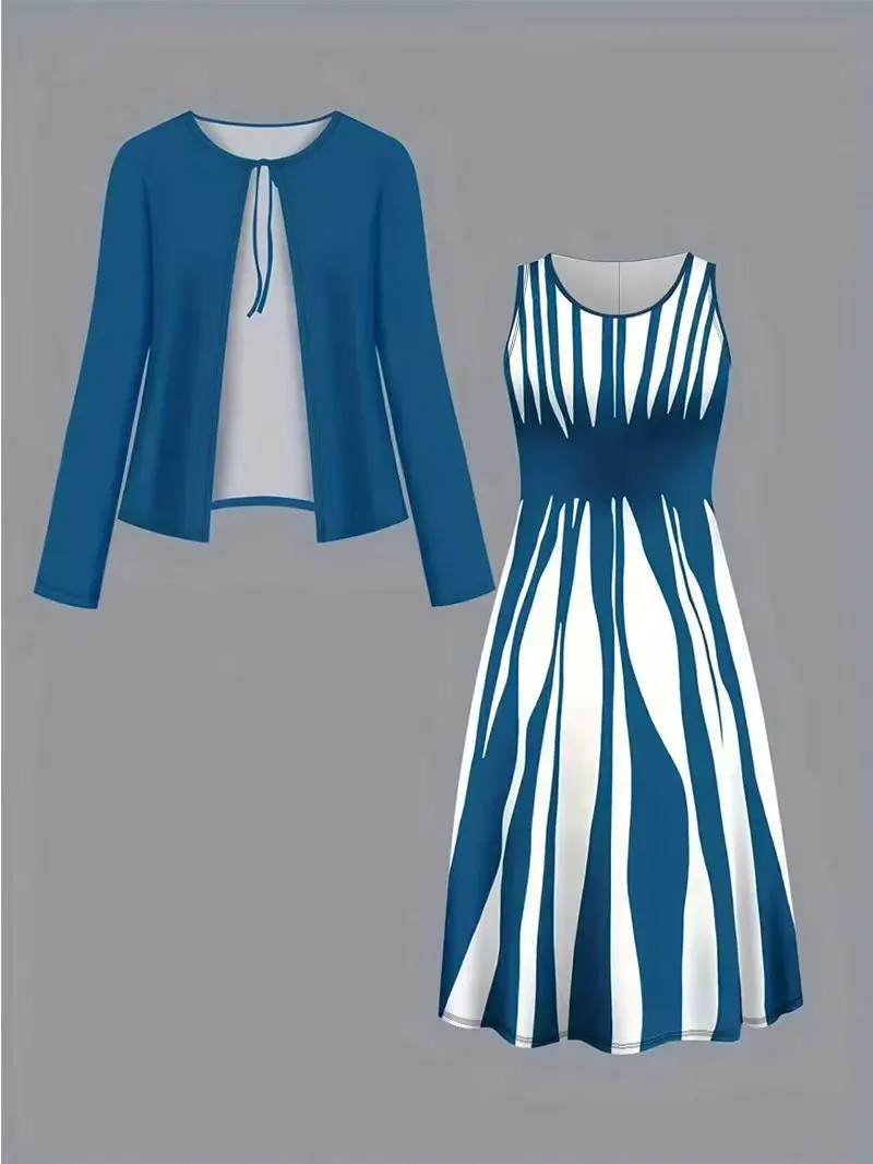 Women's Fashionable Spring and Autumn Solid Color Cardigan Jacket Paired with a Geometric Pattern Printed Large Skirt Dress, Elegant Two-Piece Set