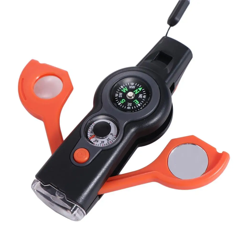 Compass Emergency Whistle LED Light Magnifying Glass Survival Whistle Storage Container Thermometer 7 in 1 Whistle