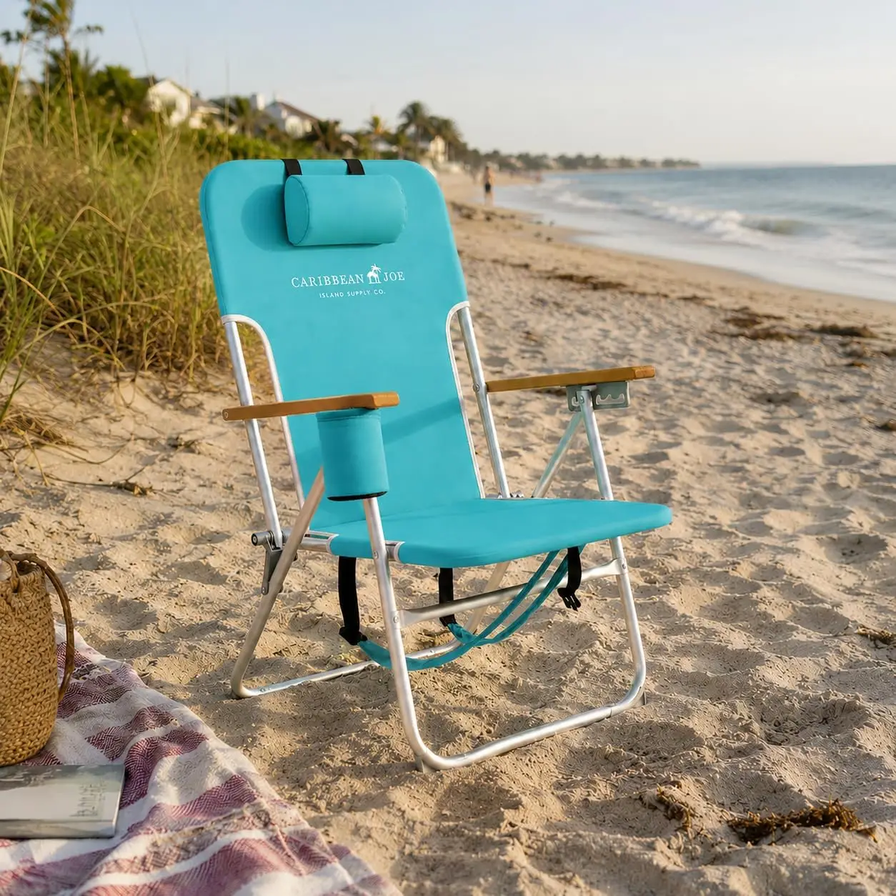 Folding Beach Chair, 4 Position Portable Backpack Foldable Camping with Headrest, Cup Holder, and Wooden Armrests (Teal, 350lbs