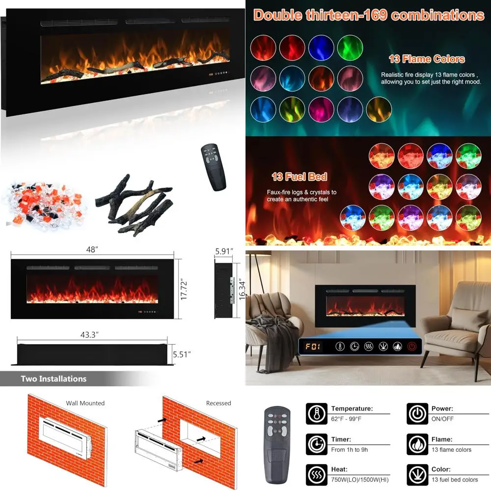 

48 Inch Wall-Mounted and Recessed Electric Fireplace with Remote and Touch Screen Controls, 169 Color Flame Options