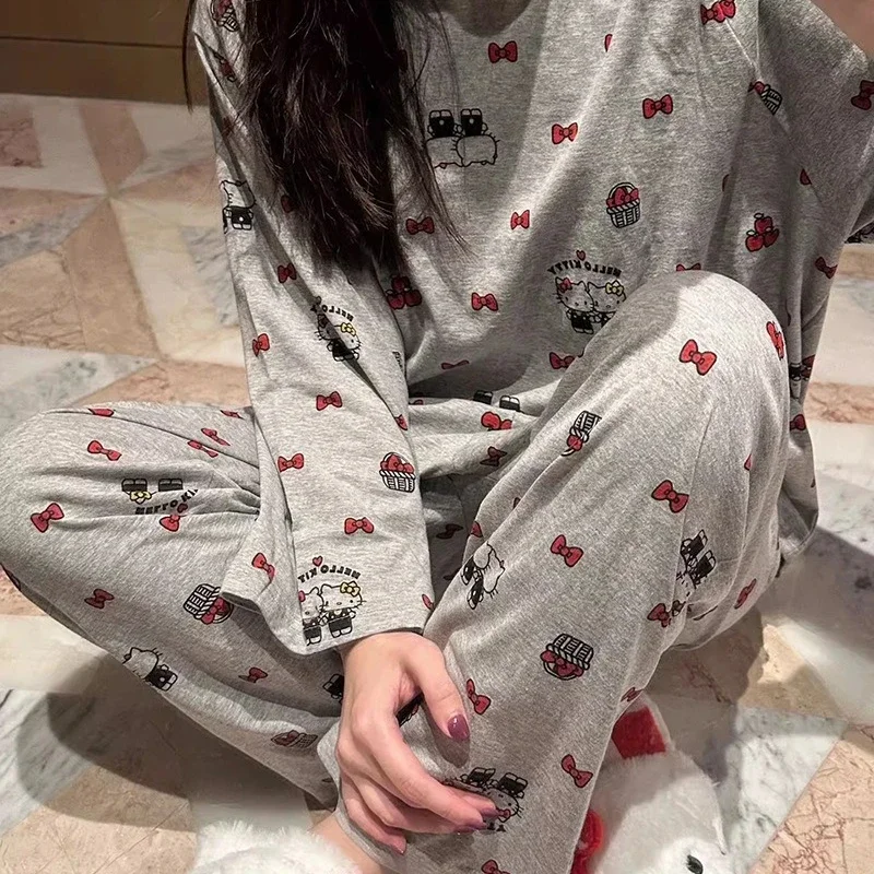 Anime Sanrio Hollo Kitty Cartoon Printed Long Sleeve Pants Set Loose Casual Women Homewear Pajamas T-shirt Pants Two-piece Suit