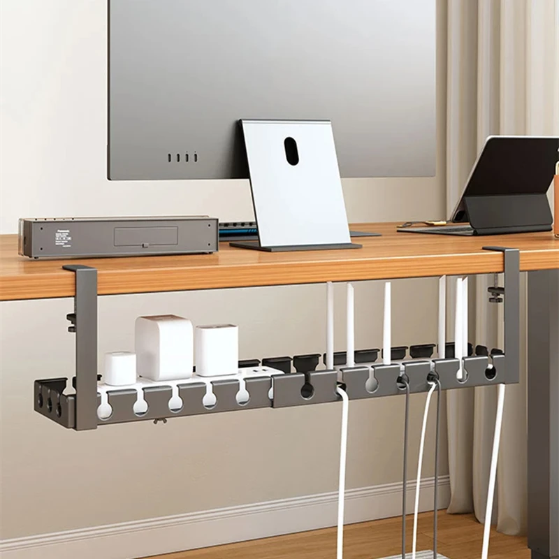 Under Table Retractable Storage Rack No Punching Metal Cable Management Tray Home Office Desk Wire Organizer Power Strip Storage