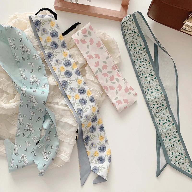 95cm Long Skinny Scarf for Women Narrow Ribbon Headband Female Neckerchief Floral Print Bag Band Bandana Hair Tie Accessories