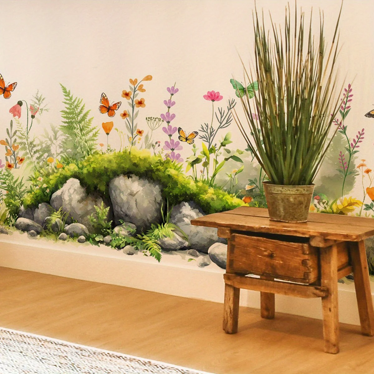 2D flat design, one new plant, flower, and butterfly wall sticker for living room and bedroom decoration, self-adhesive wall dec