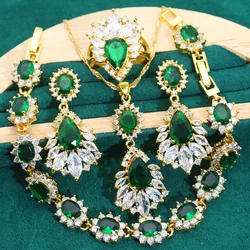 Luxurious Green Blue Zircon Gold Color Jewelry Sets for Women Wedding Bracelet Earrings Necklace Pendant Ring Dating Gifts