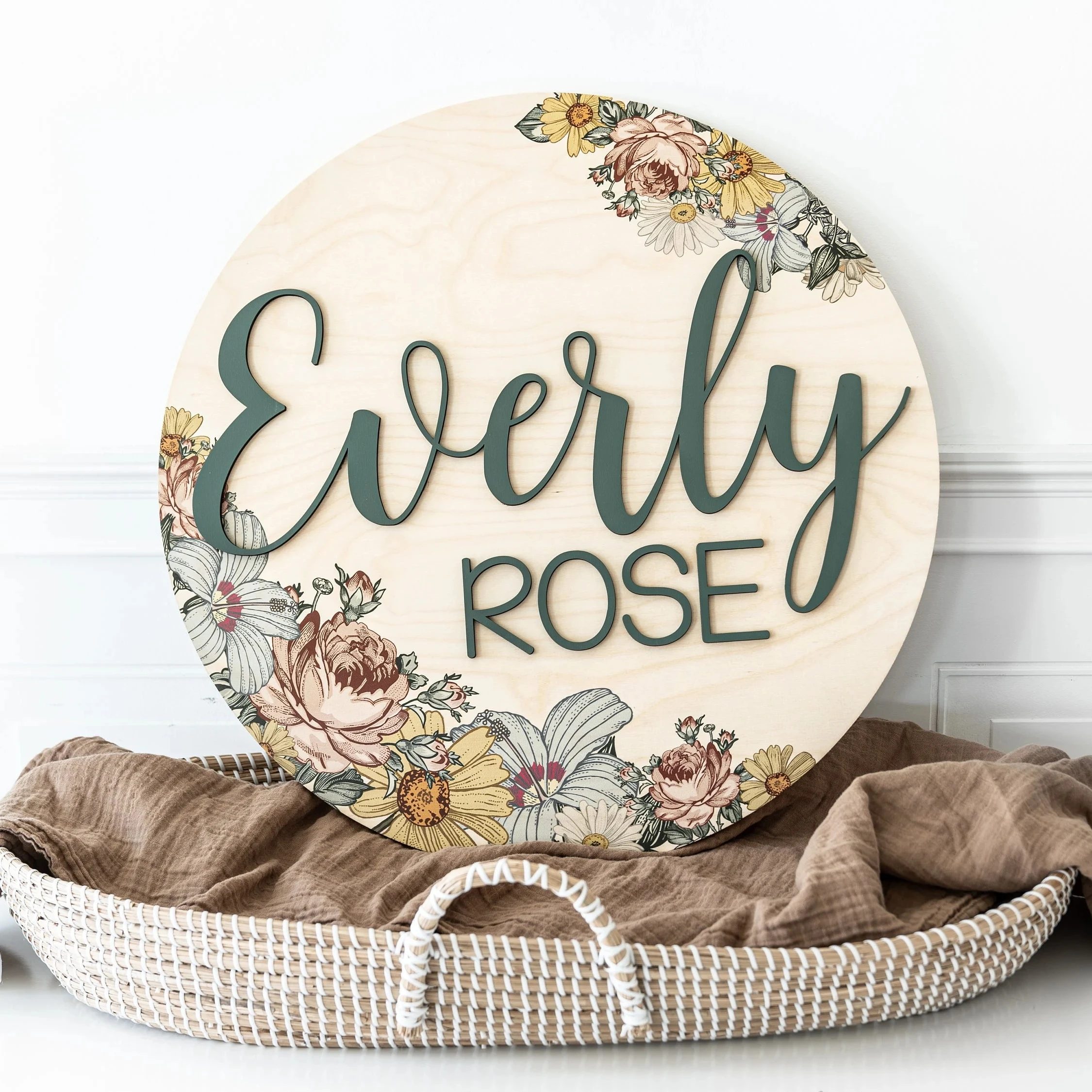 Round 3D Nursery Name Sign – Boho Floral Pattern, Personalized Wooden Baby Name Sign, Custom Nursery Wall Art, Baby Shower Gift