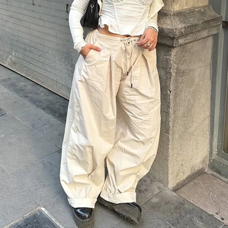 

New European and American spice girl style simple solid-color work pants, sporty lace-up drawstring casual wide-leg trousers