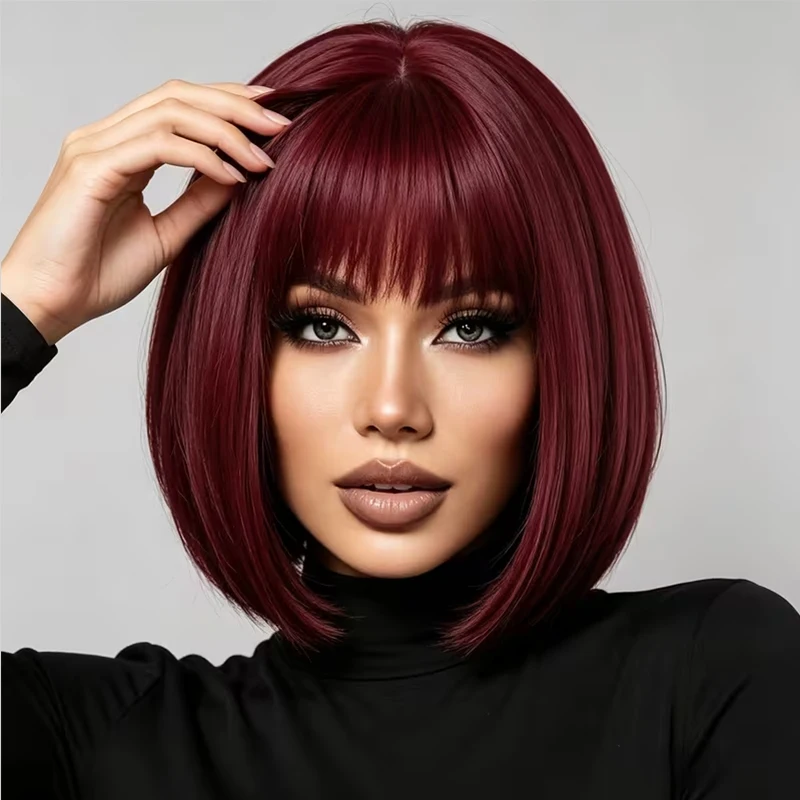 Burgundy 12-inch bob wig with fringe – a stylish everyday look for women