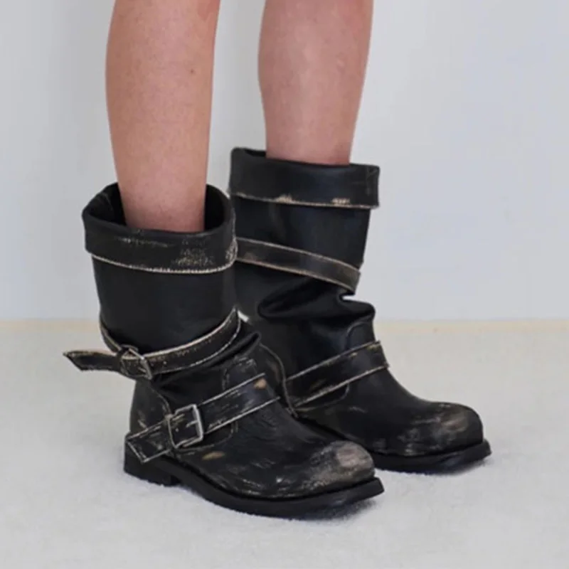 Flats Boots Mid Calf Women Winter Designer Shoes Trend Sport Chelsea Boots 2025 New Goth Shoes Casaul Buckle Walking Botas Woman