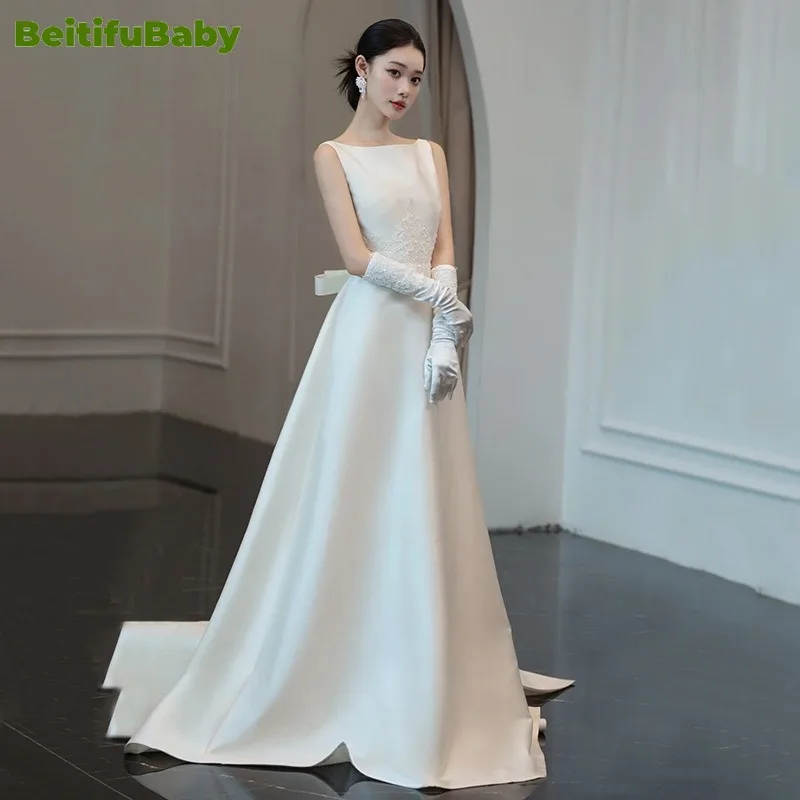 BeitifuBaby Vintage Bride Stain Wedding Dress Simple Style Sleeveless Bow Appliques Long Skirts Bridal Dresses Vestidos De Gala