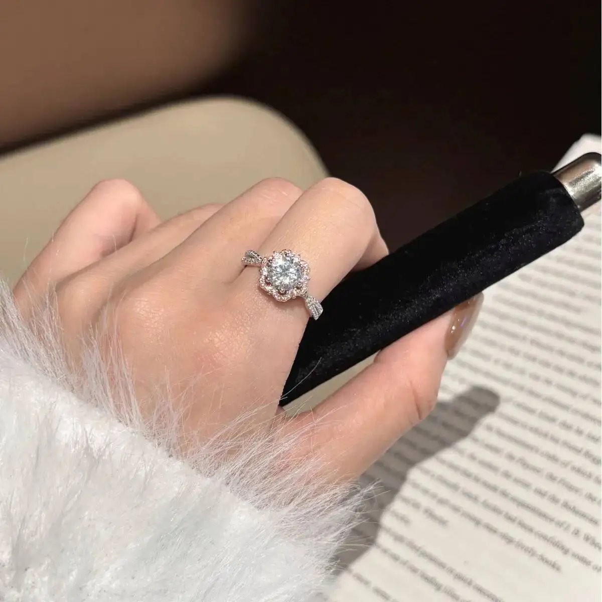TY S925 Sterling Silver Moissanite Rings For Women Luxury Pink Halo Moissanite Jewelry Shiny Diamond Wedding Band Rings