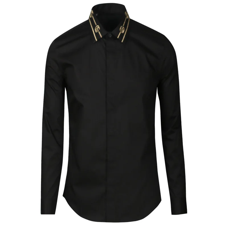 New long sleeved shirt with fashionable collar, gold thread embroidery, black and white plus size shirt, trendy style