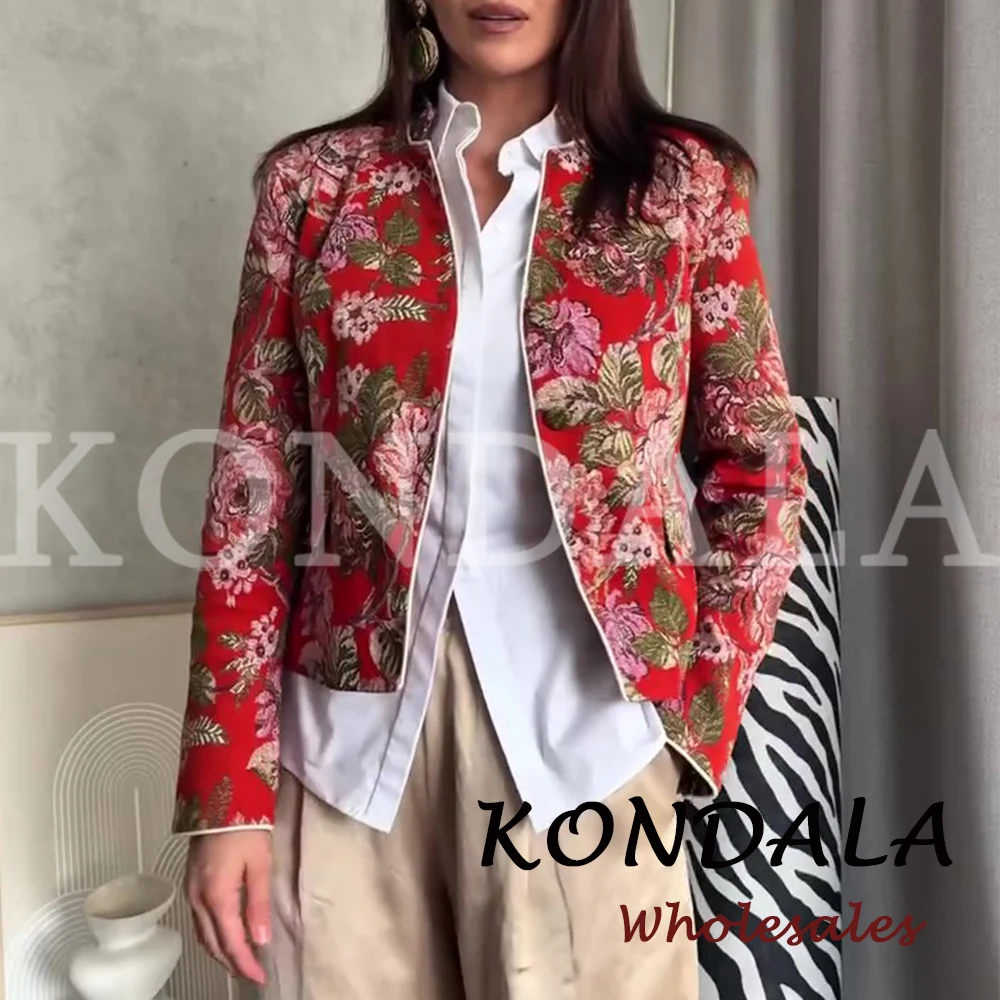 KONDALA Chic Fashion 2026 Vintage Elegant Woman Blazer Buttons Straight Jacket Red Floral Print Streetwear Office Lady Outwear