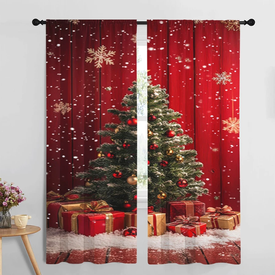 2PCS Digital Print Christmas Curtains, Red Xmas Tree Gifts Snowflake Wood, Classic Festive Window Drapes for Holiday Home Decor