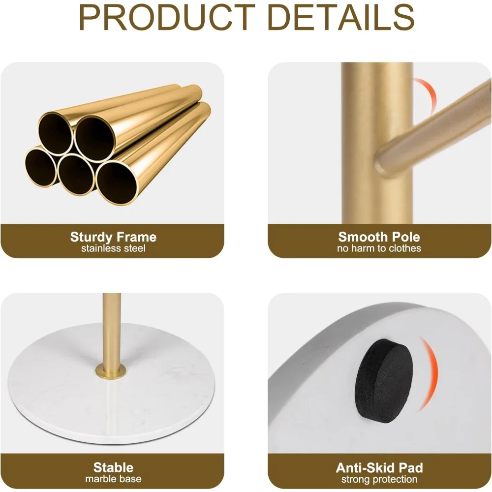 رف معطف معدني قائم بذاته مع 8 خطافات، لمسة نهائية ذهبية، وقاعدة من الرخام الطبيعي للاستقرار الحديث