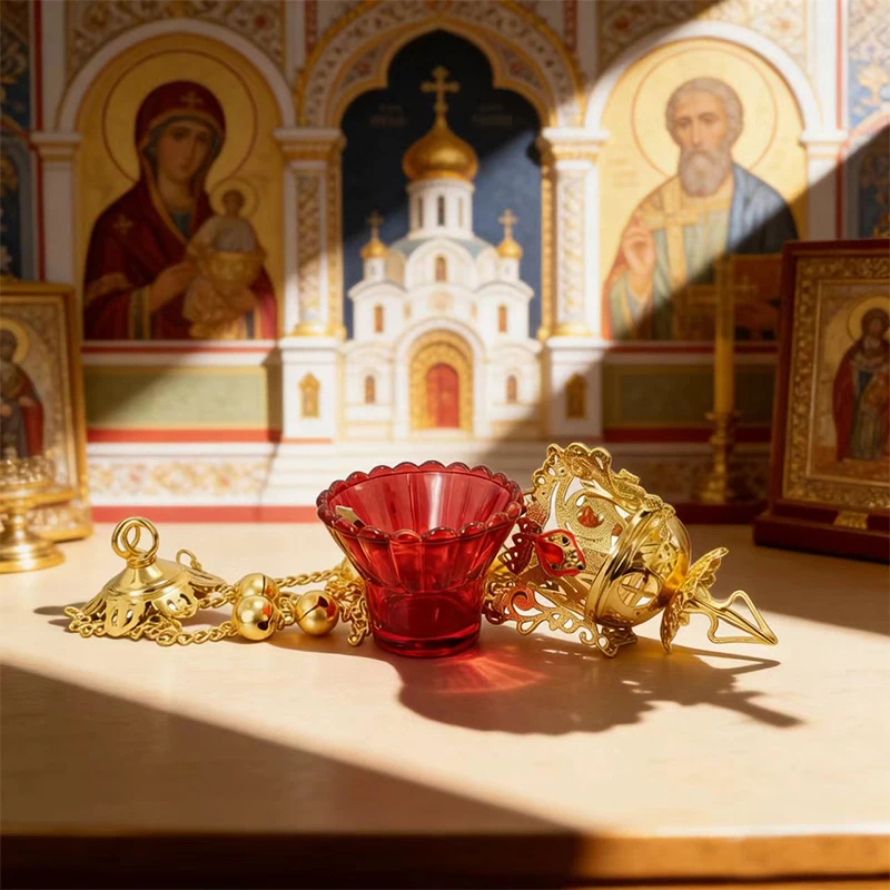 

Byzantine Gold Plated Orthodox Hanging Censer with Filigree Carvings and Bells for Church Liturgy Incense Burning Devotion Gift