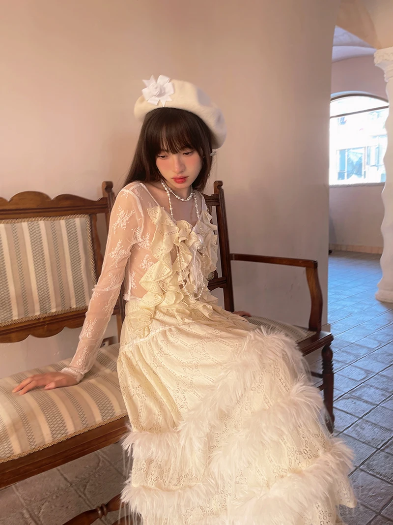 White Round Neck Long Sleeve Thin Exquisite Shirt Girl Spring Summer Irregular Sweet Ruffles Tassels Skin-penetrating Fabric Top