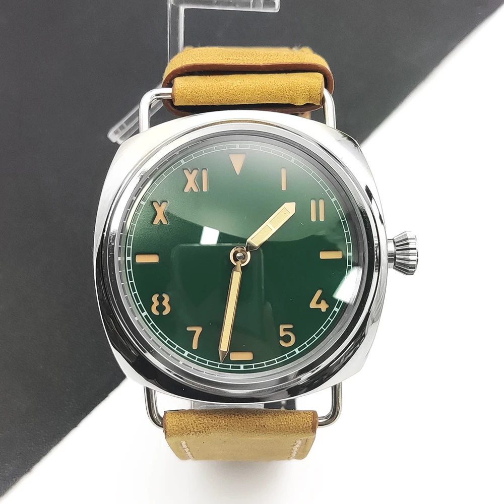 PARNSRPE Hochwertige 45 mm grüne California-Zifferblatt-Lederarmband Leuchtende Uhr ETA6497 Automatikwerk Transparente Abdeckung