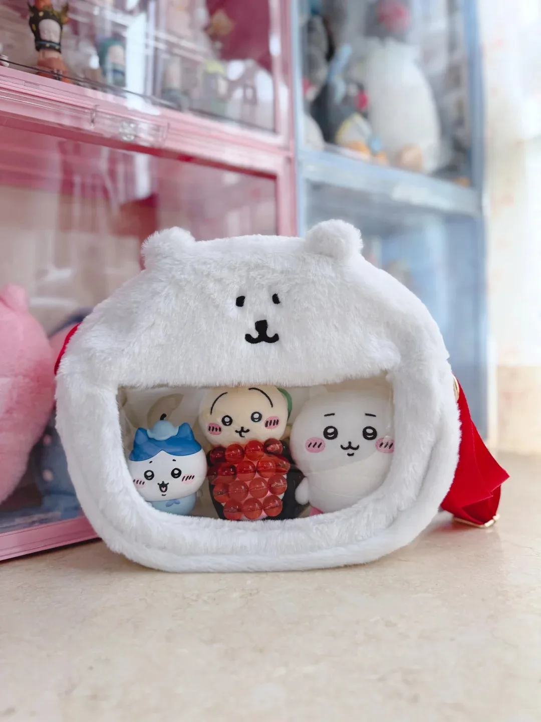 Miniso Borsa a tracolla portachiavi in peluche con orso autobloccante, borsa a tracolla in PVC trasparente carino, borsa tote trasparente alla moda