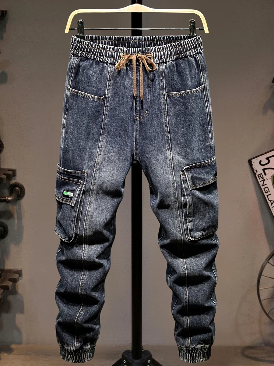 

Мужские свободные джинсовые рабочие брюки из плотного денима, осенне-зимние, широкие, карго, в американском стиле, с высокой талией, на шнурке, из смесового хлопка