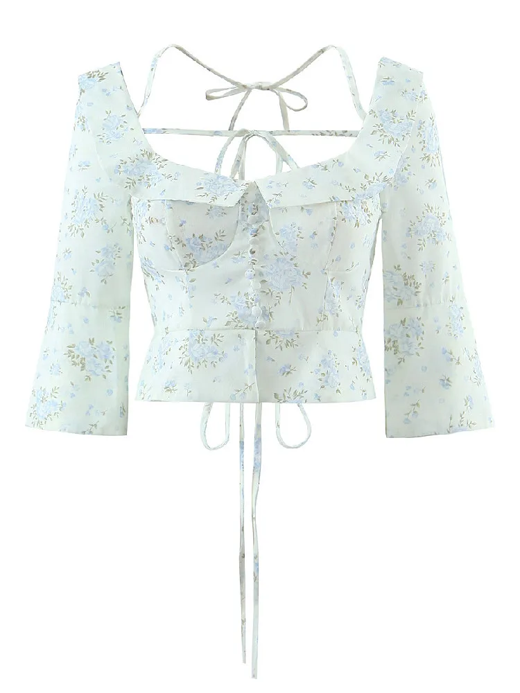 Sexy Corset Cross Lacing up Back Floral Print Crop Shirt Women Wood Ears Ruffle Square collar 3/4 Sleeve Sweet Girls Blouses