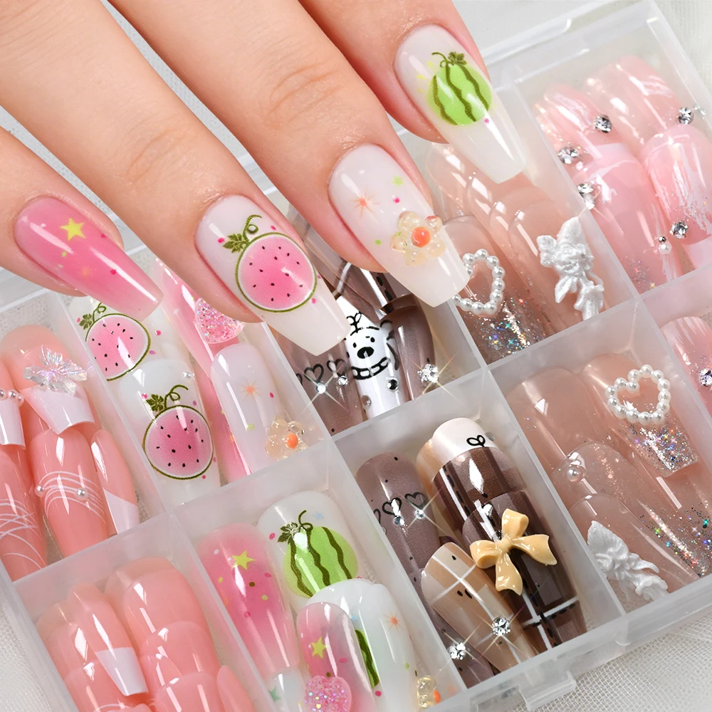 120-pecas-de-unhas-posticas-medias-em-formato-de-caixao-com-desenhos-de-frutas-brilho-prateado-e-glitter-unhas-de-pressao-com-lacos-3d-borboletas-coracoes-e-flores